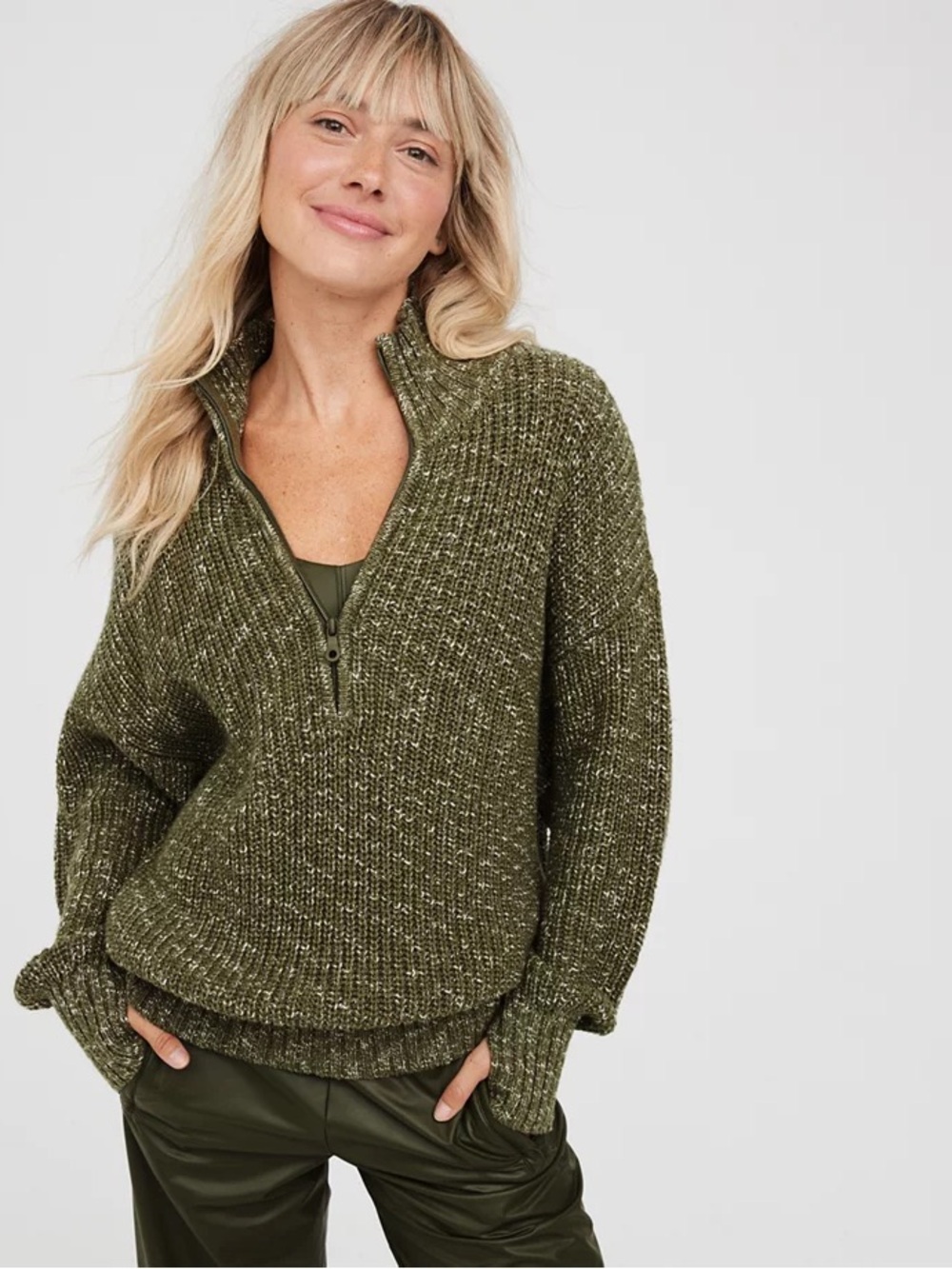 NWT Offline by Aerie, Olive Green Quarter Zip Ribbed Knit Sweater | Women’s S